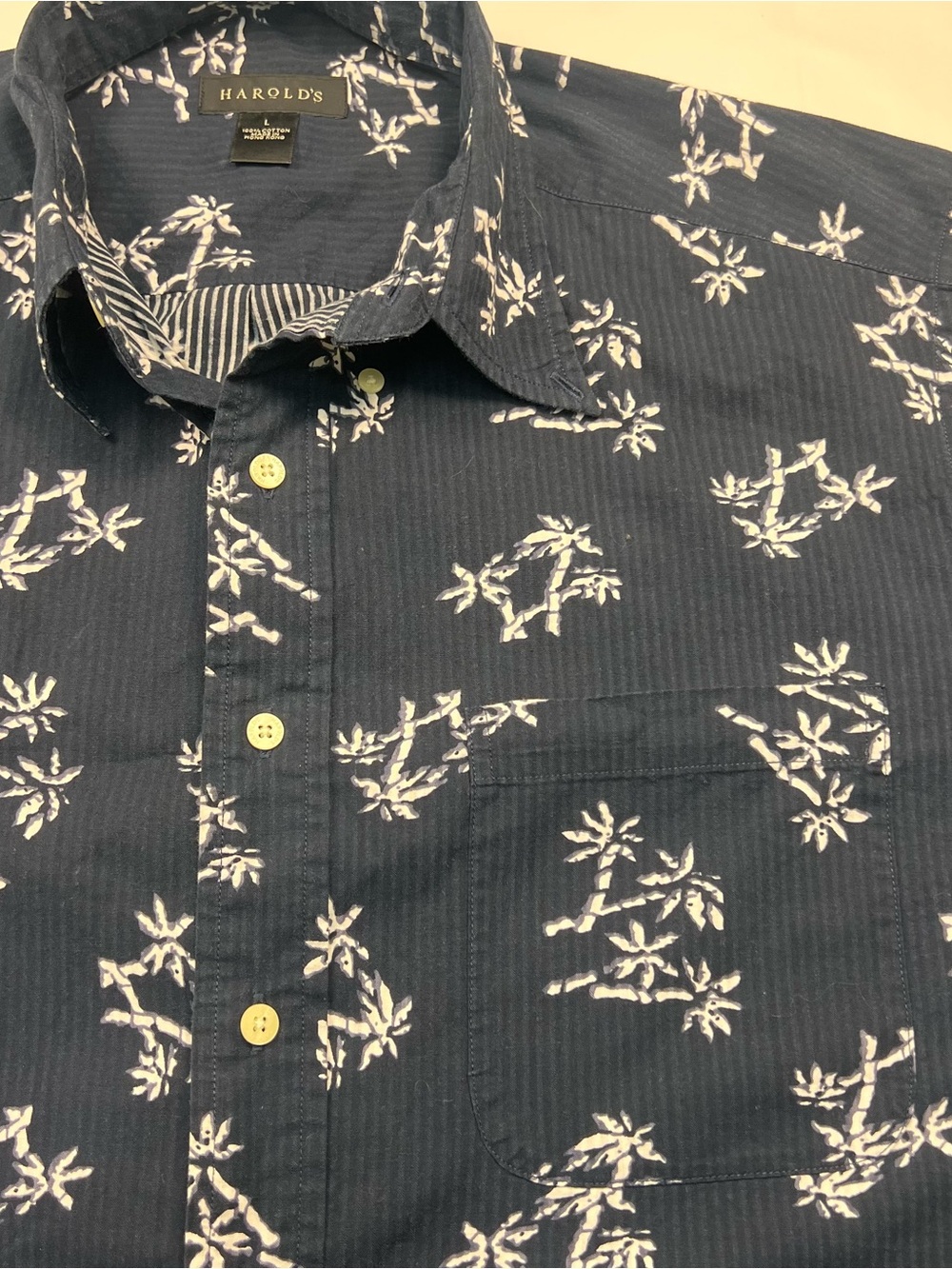 Harold's Navy Blue Short-Sleeve Button-Down with White Floral Print